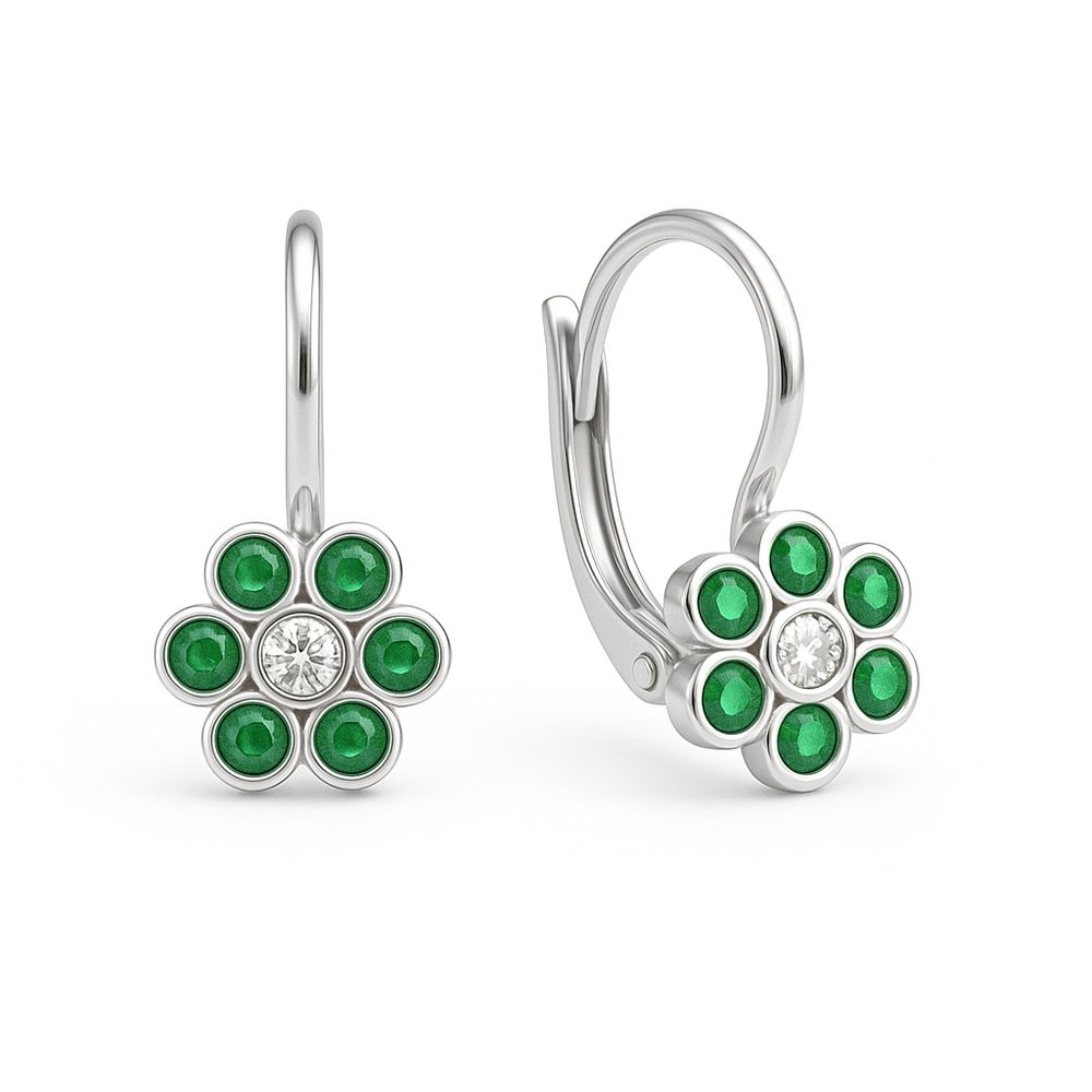 Zlaté náušnice z bílého zlata se zirkony a zelenými kameny klapkové